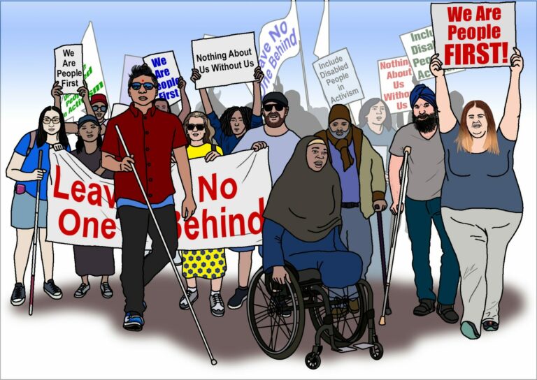 This illustration shows an culturally diverse crowd of HRDs with disabilities, holding up signs saying "Nothing about us without us", "Leave no one behind", "Include disabled people in activism", and "we are people first!". The crowd is holding up a banner in front saying "Leave No One Behind" and at the front of the crowd there is a blind man with his guiding stick and a woman with a headscarf in a wheelchair.